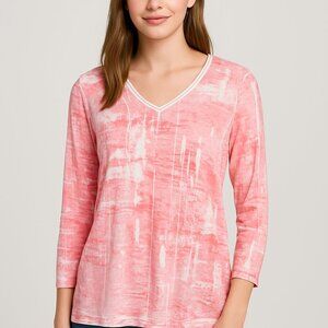 Habitat Clothes To Live In Top Size Large Pink White 3/4 Sleeves Abstract Artsy